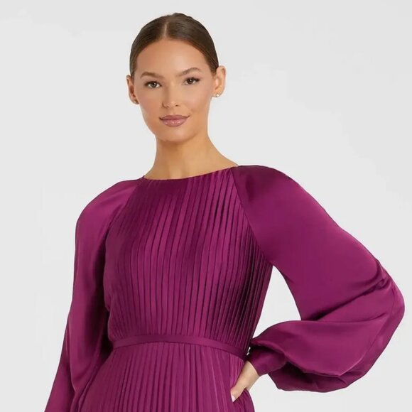 Purple Pleated High Neck Raglan Long Sleeve Side Slit Gown Womens Dress Leena - Picture 1 of 10